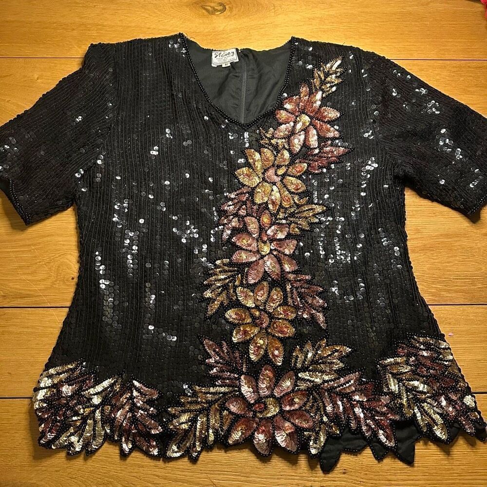 Vintage Stenaz sequin scalloped blouse black medium 100% silk